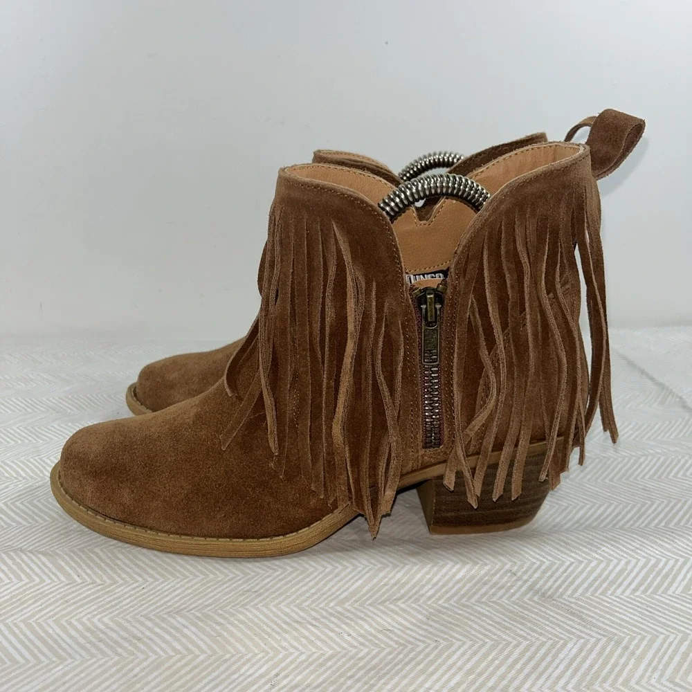 Dingo Womens Tangles Fringe Pointed Toe Booties‎ Brown 6M Casual Western Cowgirl